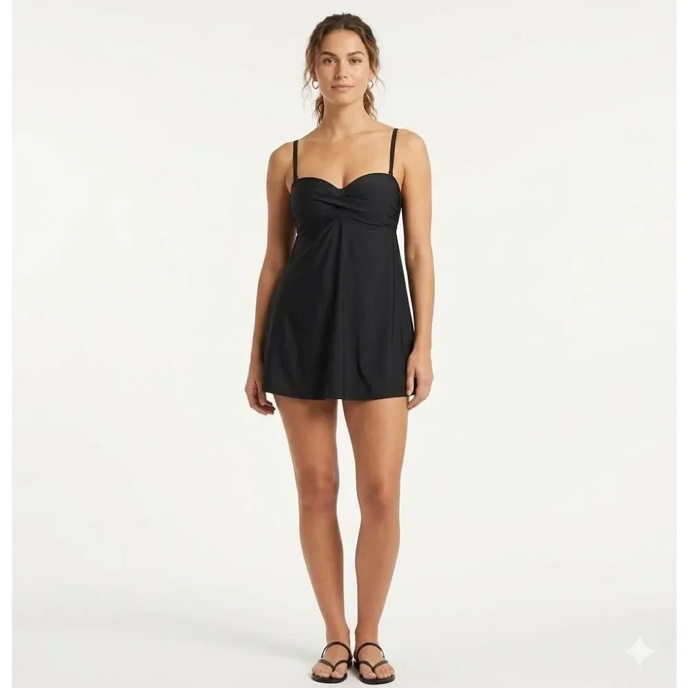 DKNY Black Ruched Sweetheart Swim Dress Size 12 - Picture 2 of 9